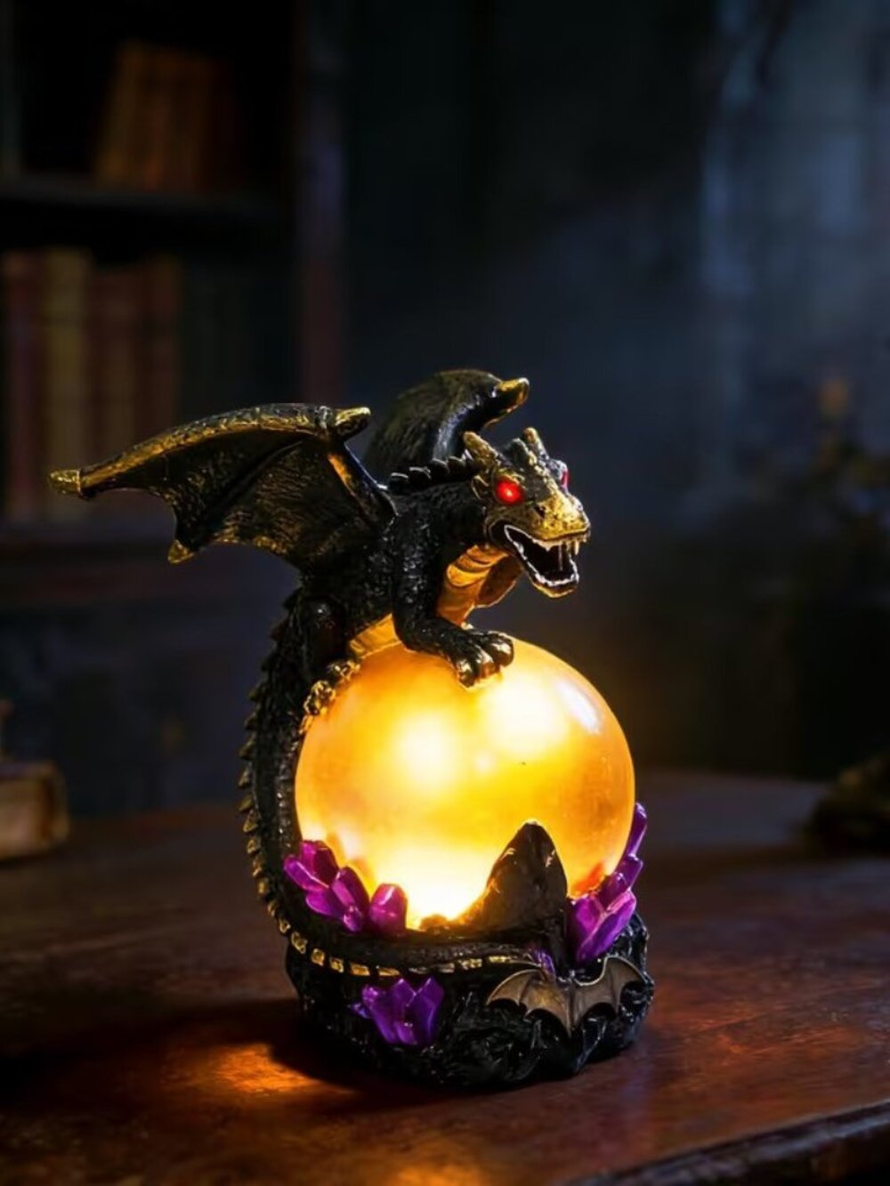 Fantasy Dragon Orb Lamp LED Ambient Light- Medieval Gothic Resin Statue Decor